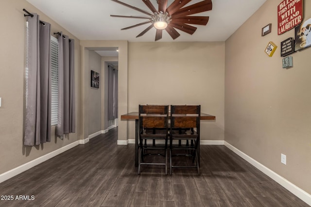 887 W Santa Gertrudis Trl, San Tan Valley, AZ 85143 - dining room with a ceiling fan, dark wood finished floors, and baseboards