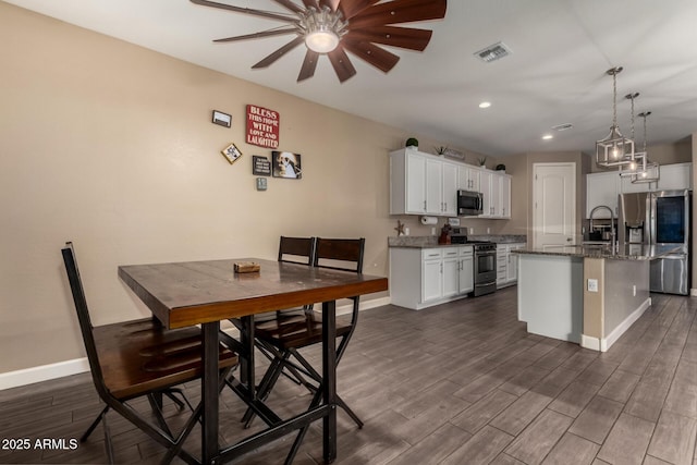 887 W Santa Gertrudis Trl, San Tan Valley, AZ 85143 - kitchen with appliances with stainless steel finishes, baseboards, a ceiling fan, dark wood-style floors, and a sink