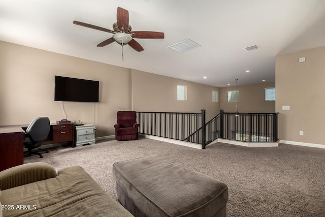 887 W Santa Gertrudis Trl, San Tan Valley, AZ 85143 - carpeted living area featuring an office area, ceiling fan, baseboards, and recessed lighting
