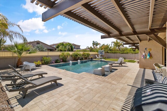 21487 E Arroyo Verde Dr, Queen Creek, AZ 85142 - view of swimming pool with a patio area, a fenced backyard, a fenced in pool, and a pergola