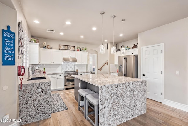 kitchen featuring premium appliances, decorative backsplash, a kitchen island, white cabinetry, and sink