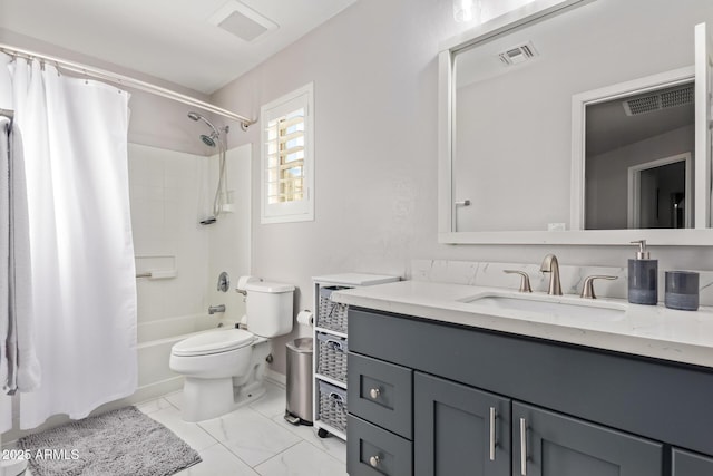 full bathroom featuring toilet, shower / tub combo, and vanity