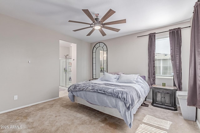 996 W Shannons Way, Coolidge, AZ 85128 - bedroom featuring light carpet, baseboards, connected bathroom, and a ceiling fan