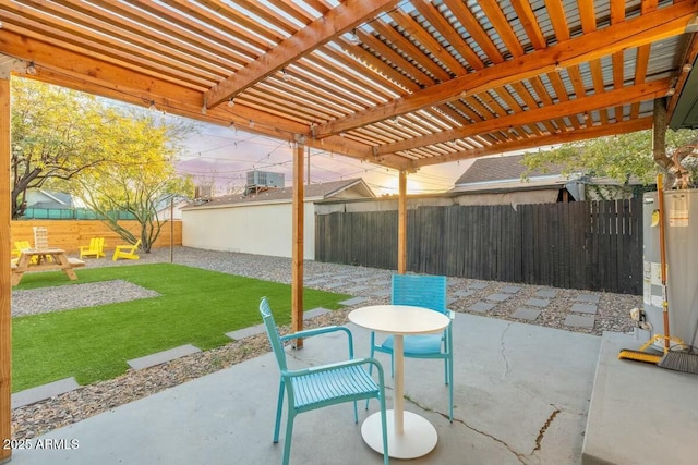 view of patio / terrace featuring a pergola and water heater