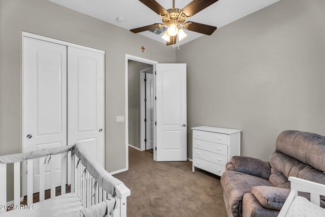 21004 E Sunset Dr, Queen Creek, AZ 85142 - bedroom with a closet, baseboards, carpet flooring, visible vents, and ceiling fan