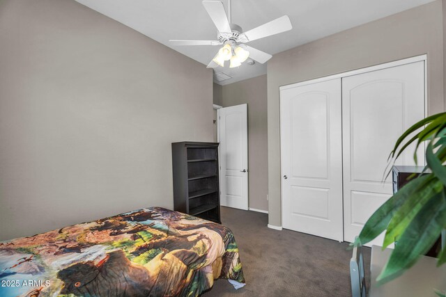 21004 E Sunset Dr, Queen Creek, AZ 85142 - bedroom with a closet, ceiling fan, dark colored carpet, and baseboards