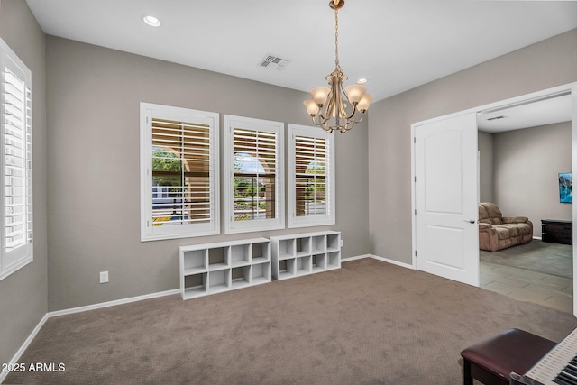 21004 E Sunset Dr, Queen Creek, AZ 85142 - carpeted dining area with visible vents, baseboards, recessed lighting, and a chandelier