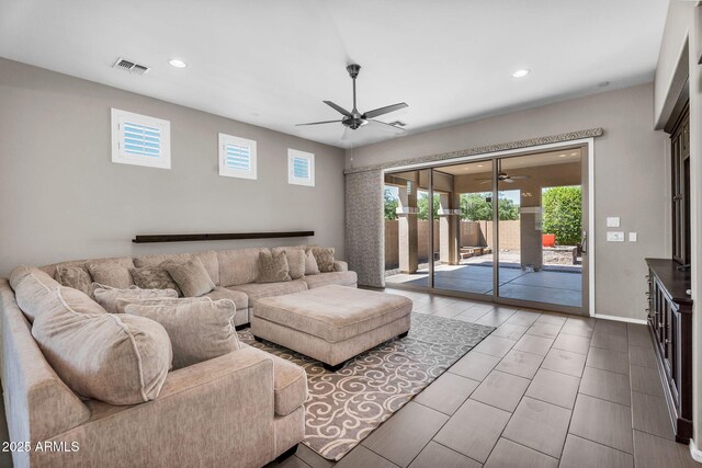 21004 E Sunset Dr, Queen Creek, AZ 85142 - living room featuring plenty of natural light, a ceiling fan, visible vents, and recessed lighting