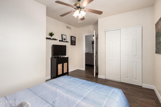 6160 S Pebble Beach Dr, Chandler, AZ 85249 - bedroom featuring wood finished floors, baseboards, a closet, and ceiling fan