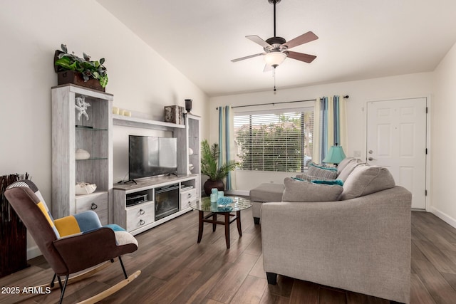 6160 S Pebble Beach Dr, Chandler, AZ 85249 - living area with ceiling fan, dark wood-type flooring, vaulted ceiling, and baseboards