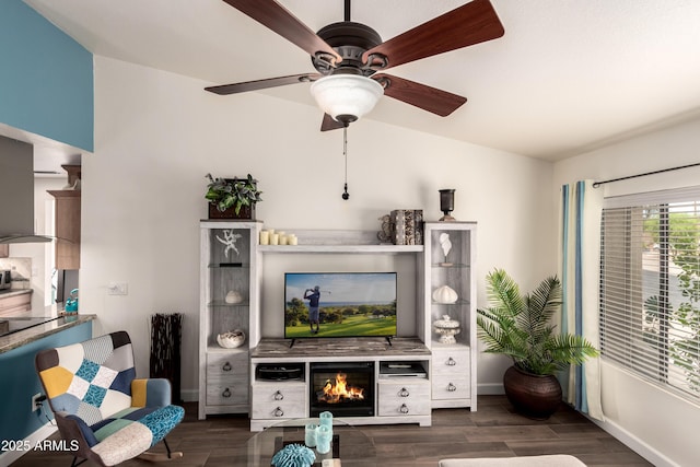 6160 S Pebble Beach Dr, Chandler, AZ 85249 - living room featuring a ceiling fan, wood finished floors, and baseboards