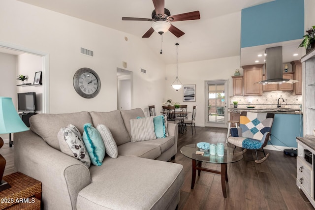 6160 S Pebble Beach Dr, Chandler, AZ 85249 - living area featuring ceiling fan, dark wood finished floors, and high vaulted ceiling