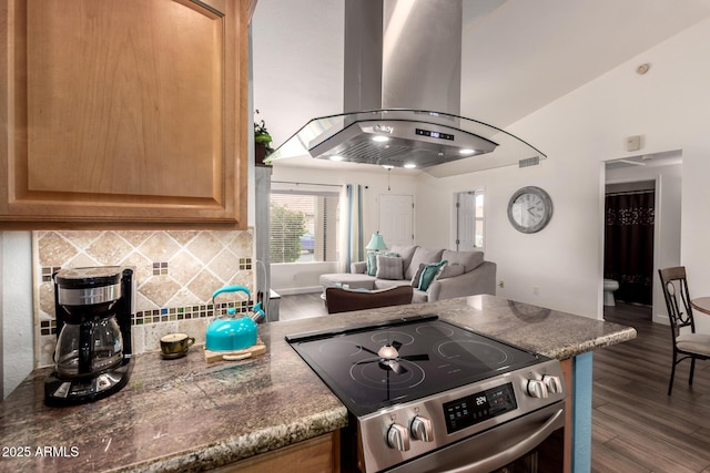 6160 S Pebble Beach Dr, Chandler, AZ 85249 - kitchen featuring stainless steel electric range, island exhaust hood, backsplash, dark wood-type flooring, and open floor plan