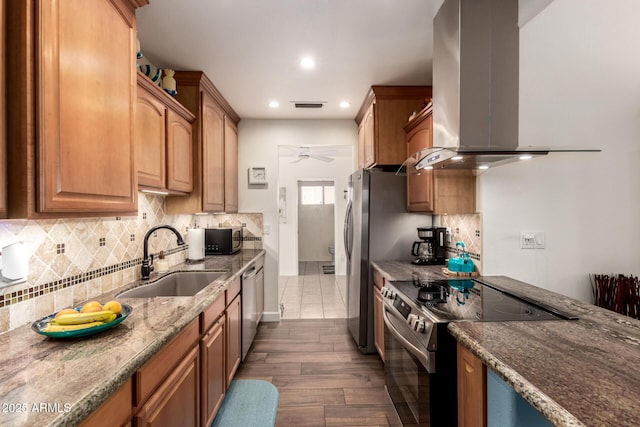 6160 S Pebble Beach Dr, Chandler, AZ 85249 - kitchen featuring appliances with stainless steel finishes, island exhaust hood, a sink, a ceiling fan, and recessed lighting