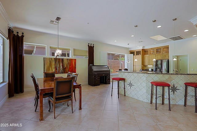 dining space featuring visible vents, recessed lighting, crown molding, and light tile patterned floors
