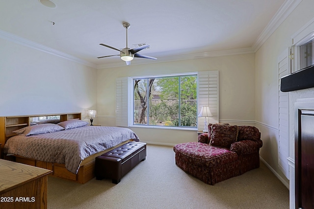 bedroom featuring carpet floors, baseboards, and ornamental molding