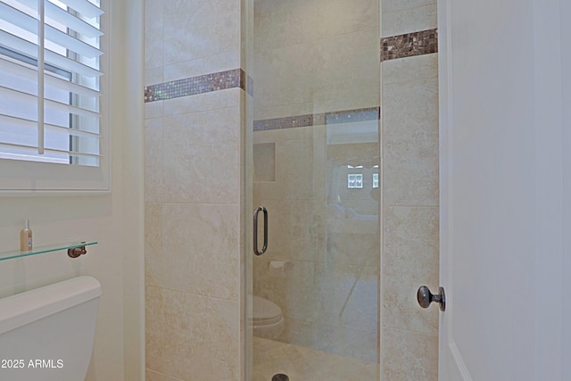 full bathroom featuring toilet and a stall shower