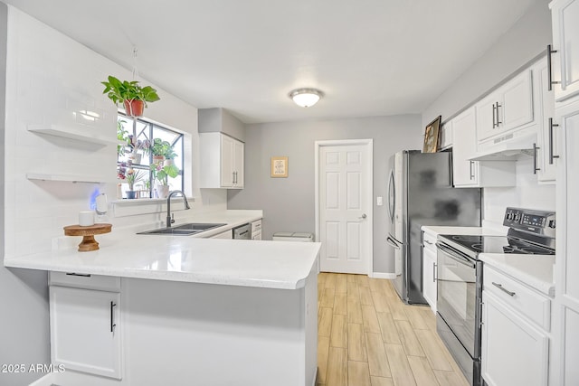 kitchen featuring a sink, light countertops, under cabinet range hood, white cabinetry, and stainless steel appliances