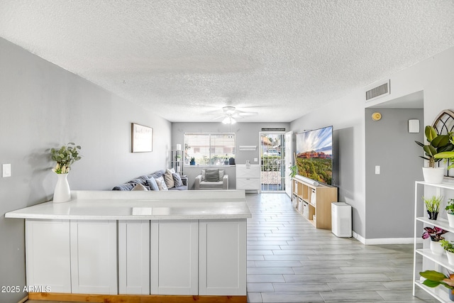 living area with a textured ceiling, a ceiling fan, visible vents, wood finished floors, and baseboards