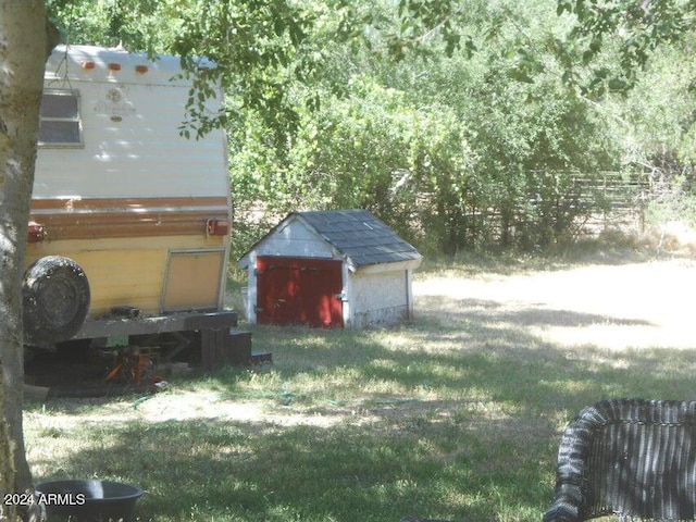 view of yard with a storage shed