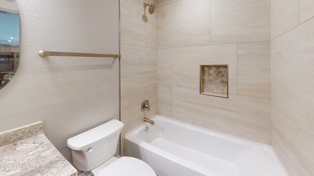 4151 E Clovis Ave, Mesa, AZ 85206 - bathroom featuring toilet, vanity, shower / bathtub combination, and a textured wall