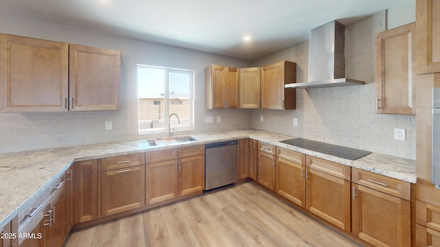 4151 E Clovis Ave, Mesa, AZ 85206 - kitchen featuring stainless steel dishwasher, wall chimney range hood, black electric stovetop, a sink, and light wood-style flooring