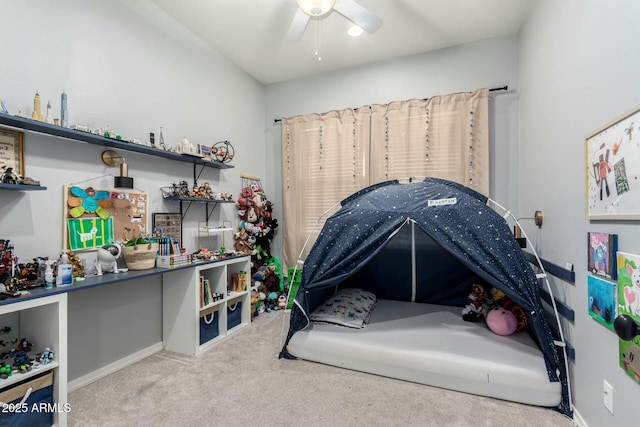 carpeted bedroom with ceiling fan