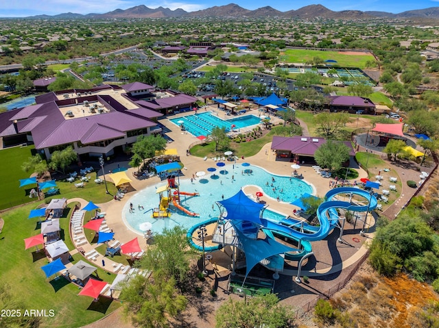 drone / aerial view with a mountain view