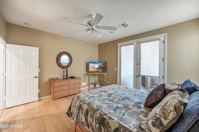 bedroom featuring ceiling fan, access to outside, and light hardwood / wood-style floors