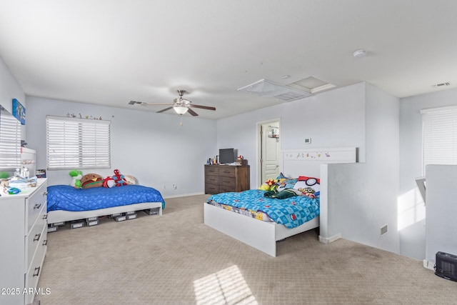 carpeted bedroom featuring ceiling fan