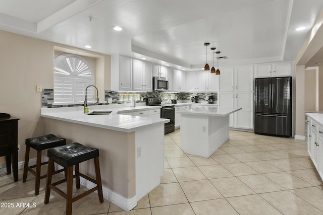 kitchen featuring freestanding refrigerator, electric range oven, stainless steel microwave, a tray ceiling, and a sink