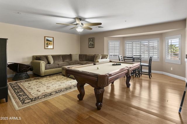 playroom with visible vents, light wood-style floors, baseboards, ceiling fan, and billiards