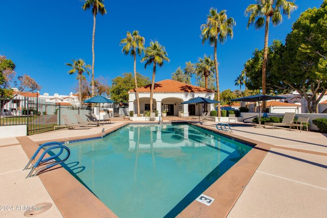 view of swimming pool with a patio