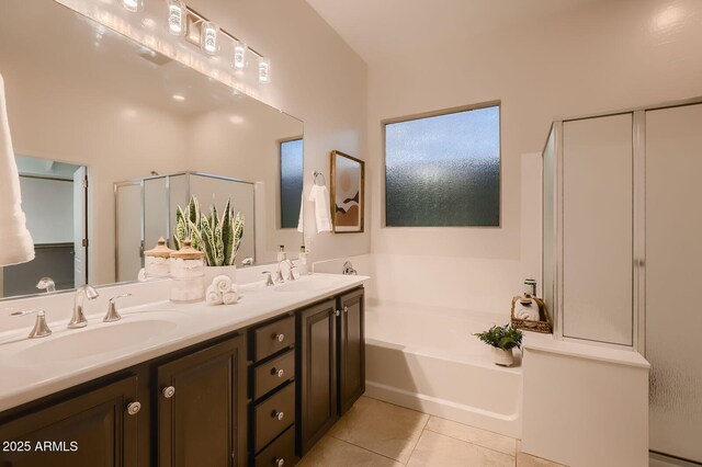 13145 W Whisper Rock Trl, Peoria, AZ 85383 - bathroom featuring a garden tub, tile patterned flooring, double vanity, and a shower stall