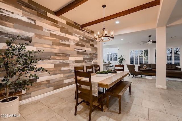 13145 W Whisper Rock Trl, Peoria, AZ 85383 - dining area featuring wooden walls, a chandelier, ceiling fan, recessed lighting, and beamed ceiling