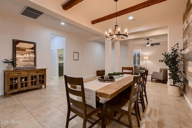 13145 W Whisper Rock Trl, Peoria, AZ 85383 - dining space with a chandelier, ceiling fan, recessed lighting, beamed ceiling, and light tile patterned floors
