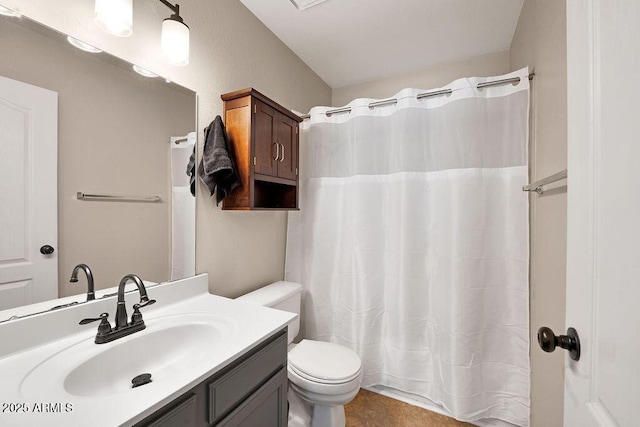 full bath with vanity, a shower with shower curtain, tile patterned flooring, and toilet