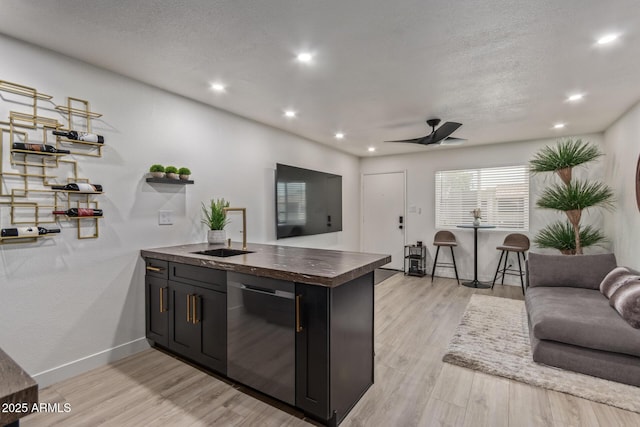 kitchen featuring a peninsula, open floor plan, stainless steel dishwasher, a ceiling fan, and light wood-style flooring