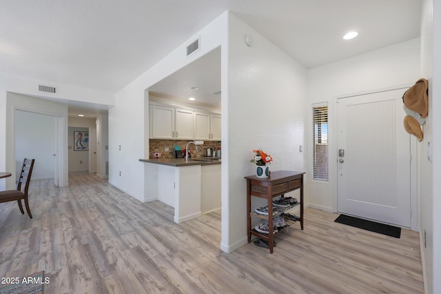 entryway with sink and light wood-type flooring