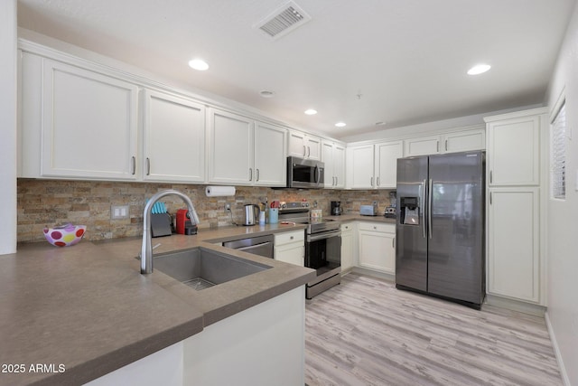 kitchen with tasteful backsplash, white cabinetry, sink, kitchen peninsula, and stainless steel appliances