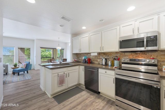 kitchen with appliances with stainless steel finishes, sink, white cabinets, and kitchen peninsula