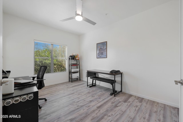 office area featuring ceiling fan and light hardwood / wood-style floors