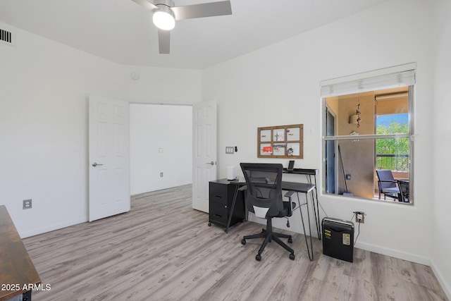 office area featuring ceiling fan and light wood-type flooring