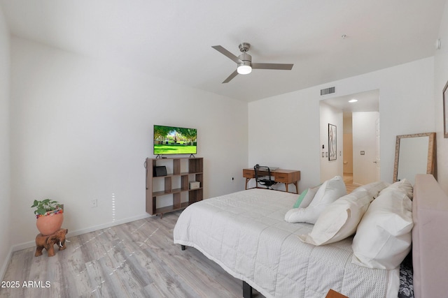 bedroom featuring ceiling fan and light hardwood / wood-style floors