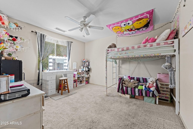 bedroom with ceiling fan and carpet flooring