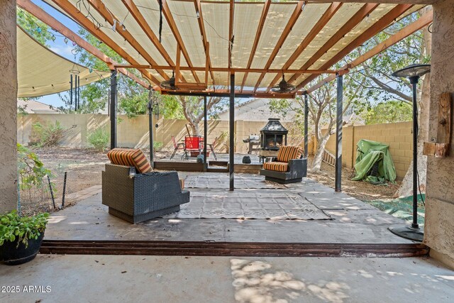 view of patio featuring a pergola and an outdoor living space with a fireplace