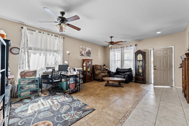 interior space featuring ceiling fan