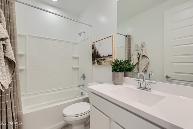 full bath with toilet, shower / tub combo, and vanity