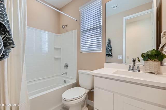 bathroom with toilet, vanity, shower / bath combination with curtain, and visible vents