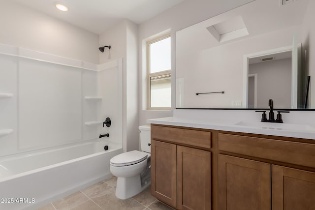 bathroom featuring visible vents, toilet,  shower combination, tile patterned flooring, and vanity